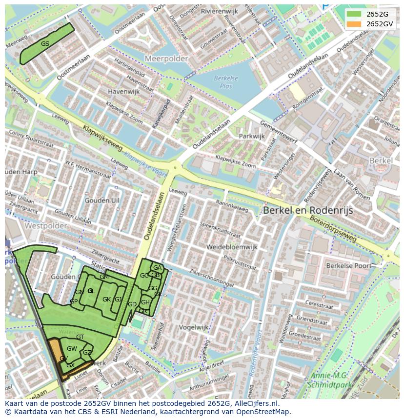 Afbeelding van het postcodegebied 2652 GV op de kaart.