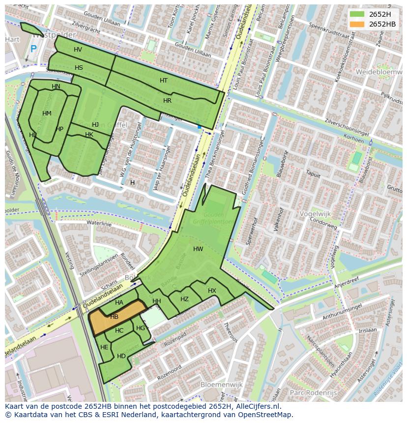 Afbeelding van het postcodegebied 2652 HB op de kaart.