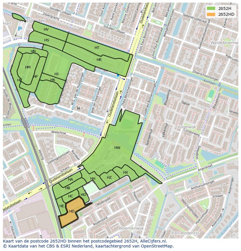 Afbeelding van het postcodegebied 2652 HD op de kaart.