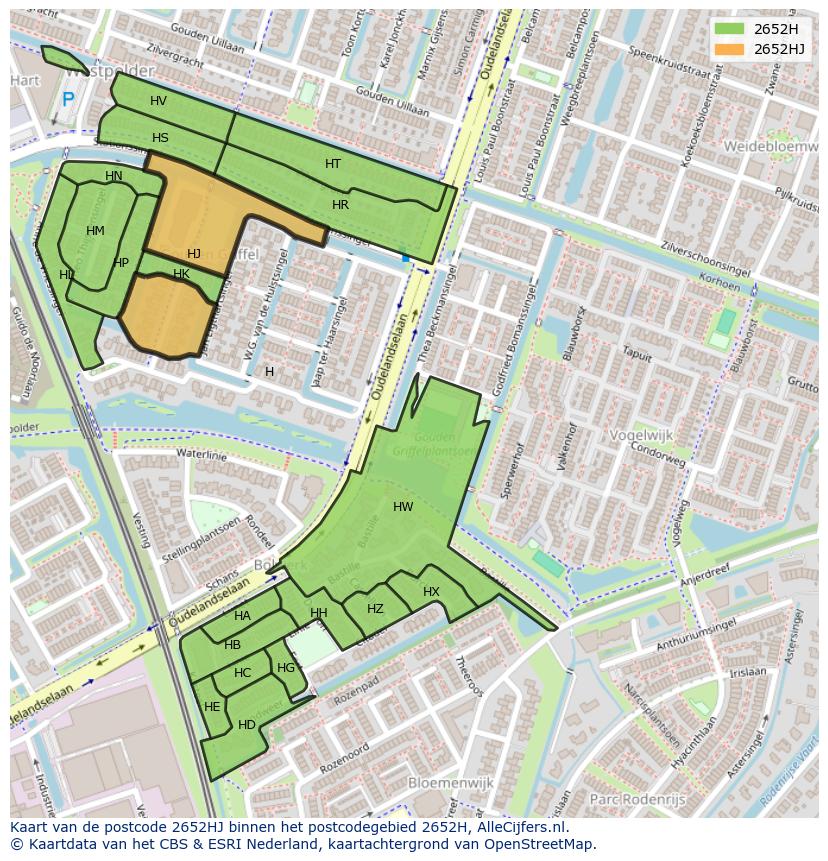 Afbeelding van het postcodegebied 2652 HJ op de kaart.