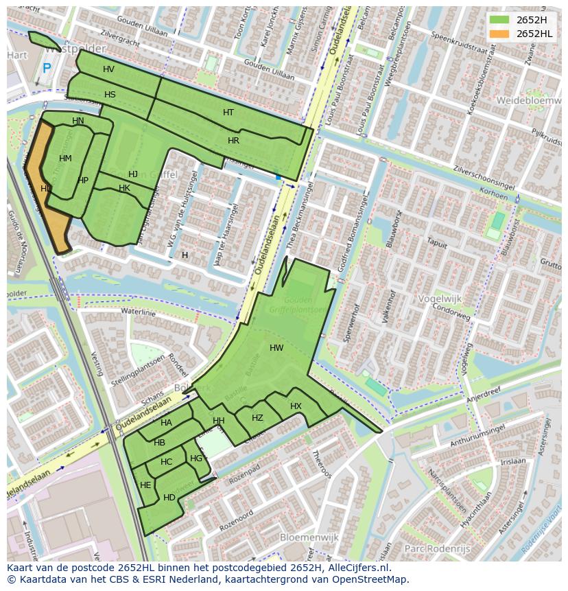 Afbeelding van het postcodegebied 2652 HL op de kaart.