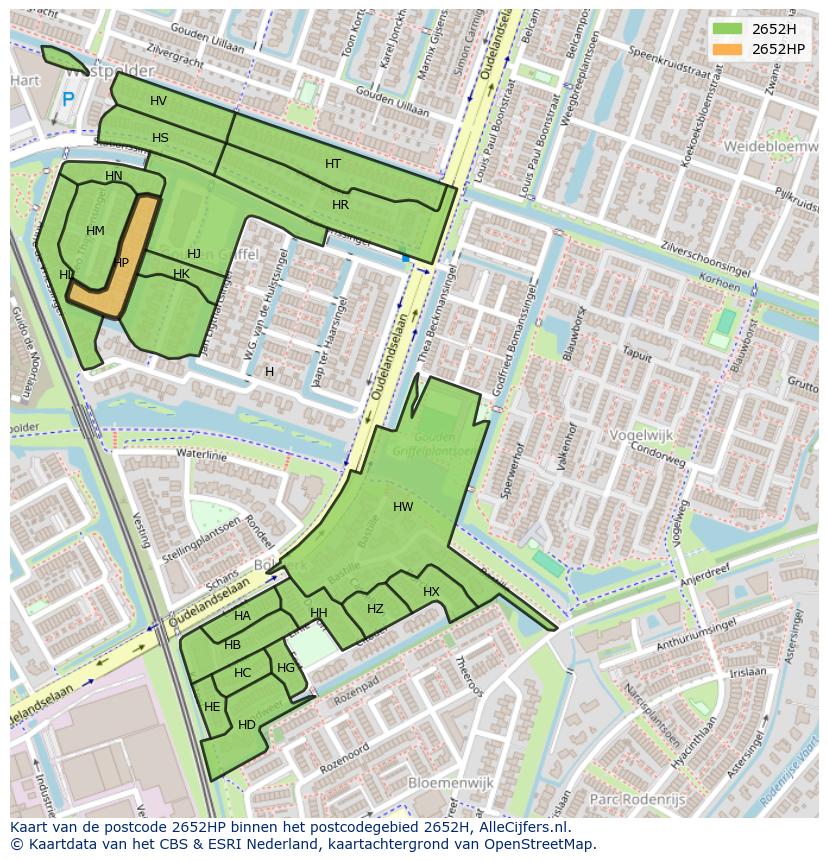 Afbeelding van het postcodegebied 2652 HP op de kaart.