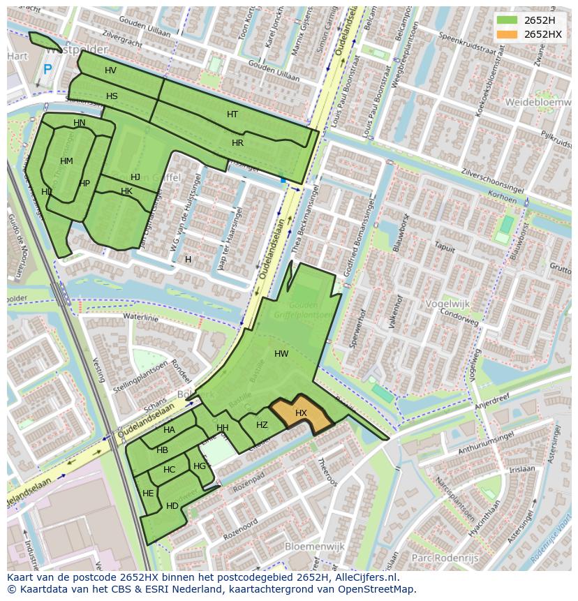 Afbeelding van het postcodegebied 2652 HX op de kaart.