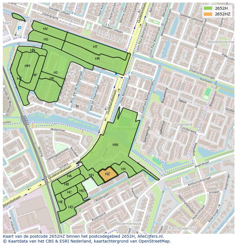 Afbeelding van het postcodegebied 2652 HZ op de kaart.