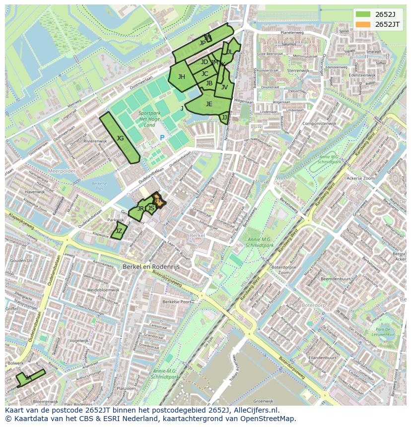 Afbeelding van het postcodegebied 2652 JT op de kaart.
