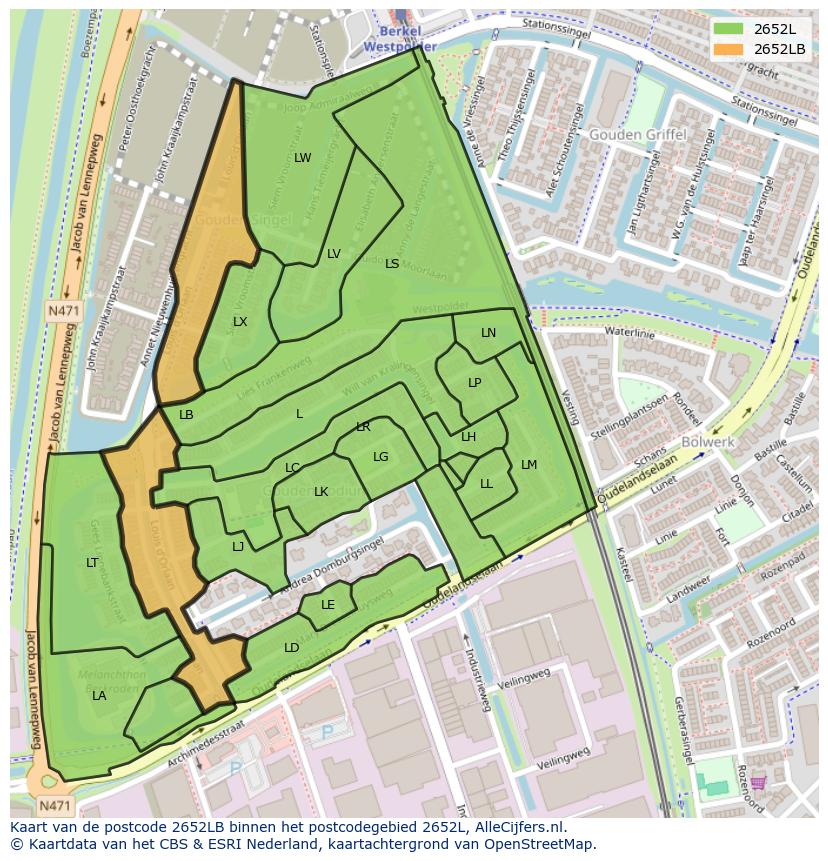 Afbeelding van het postcodegebied 2652 LB op de kaart.