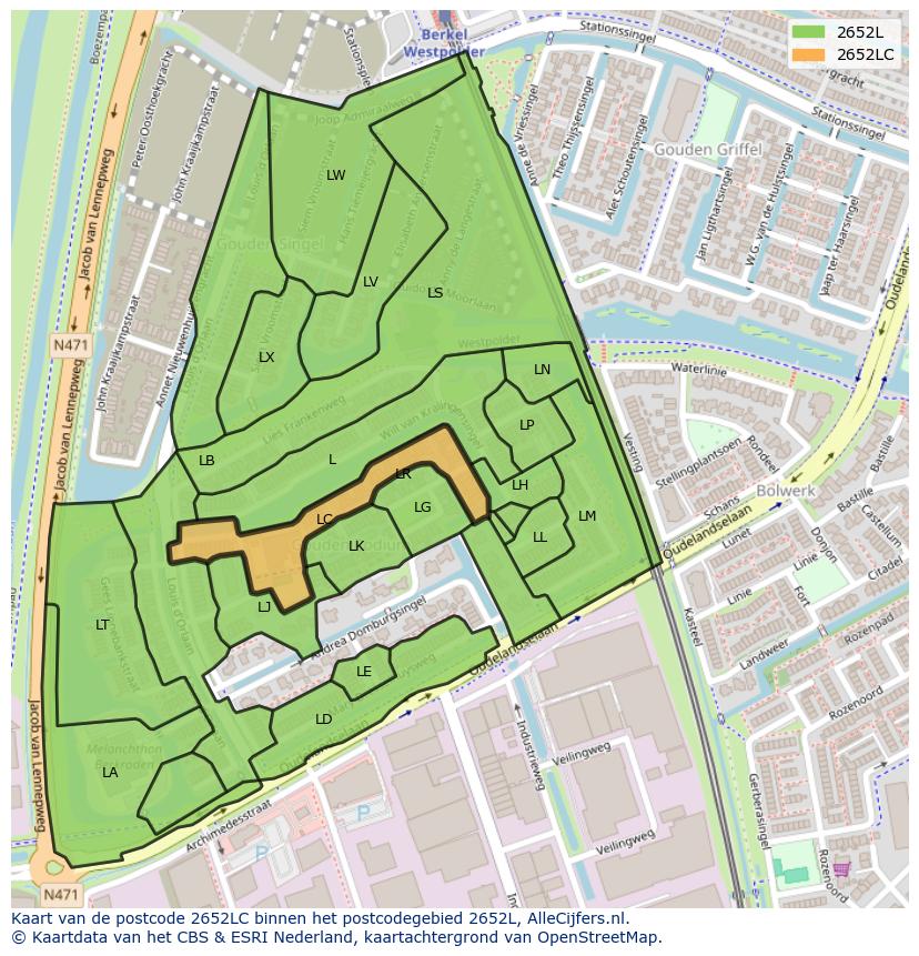 Afbeelding van het postcodegebied 2652 LC op de kaart.