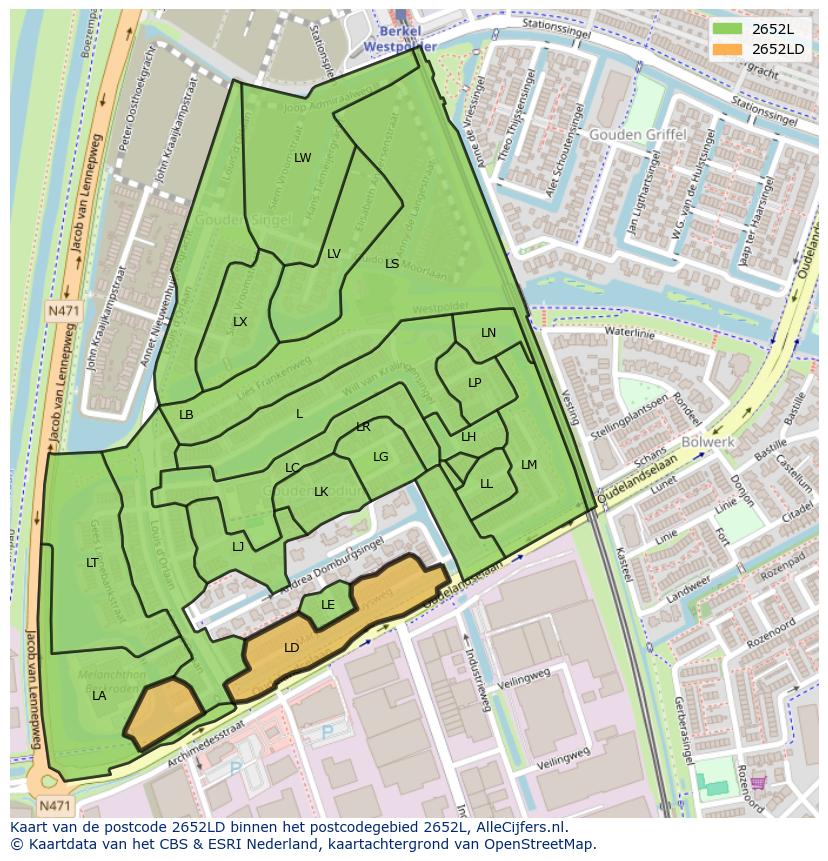 Afbeelding van het postcodegebied 2652 LD op de kaart.