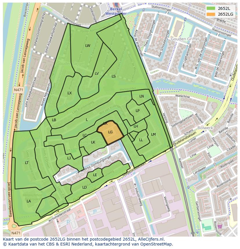 Afbeelding van het postcodegebied 2652 LG op de kaart.