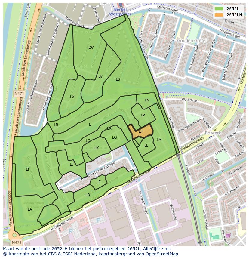 Afbeelding van het postcodegebied 2652 LH op de kaart.