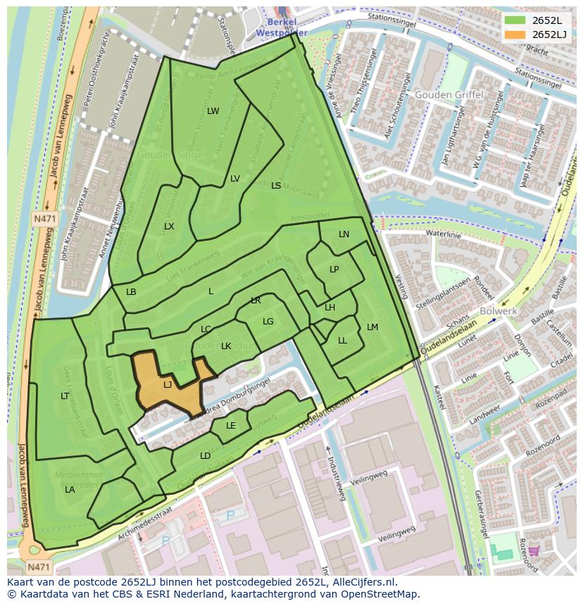 Afbeelding van het postcodegebied 2652 LJ op de kaart.