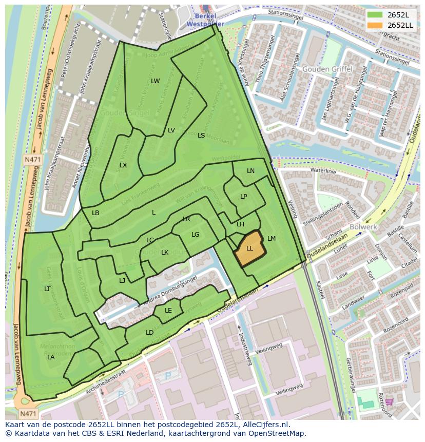 Afbeelding van het postcodegebied 2652 LL op de kaart.