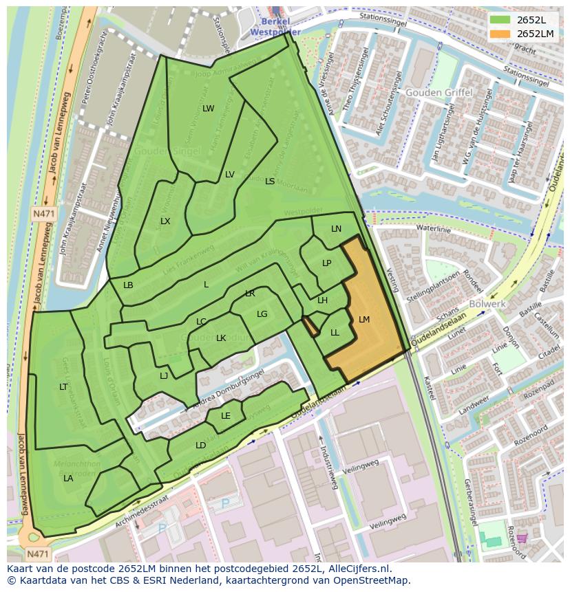 Afbeelding van het postcodegebied 2652 LM op de kaart.