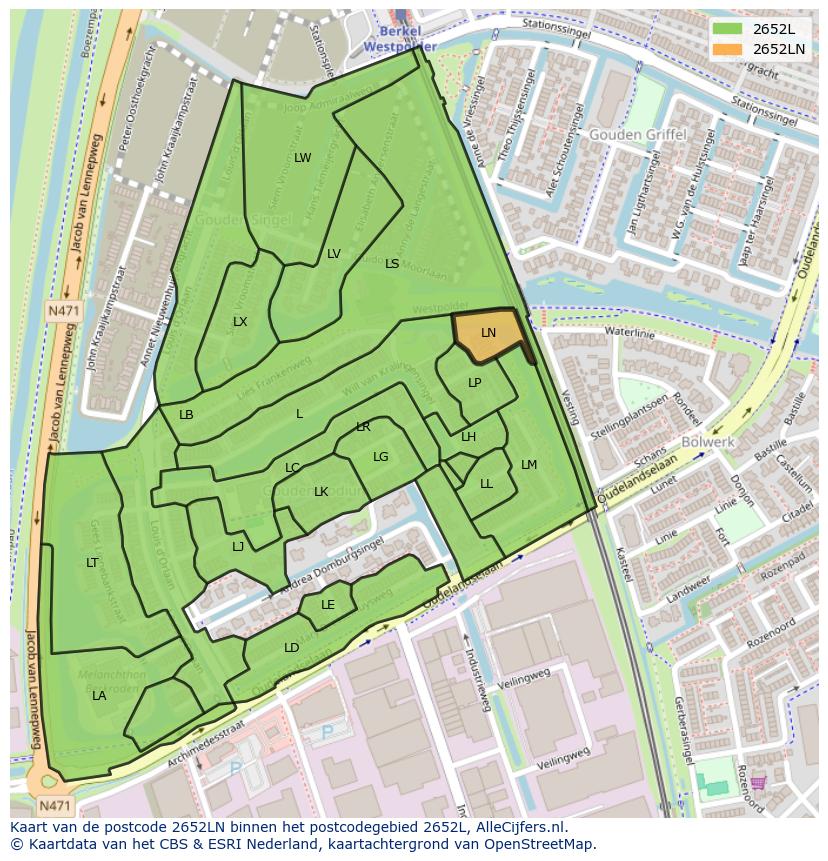 Afbeelding van het postcodegebied 2652 LN op de kaart.