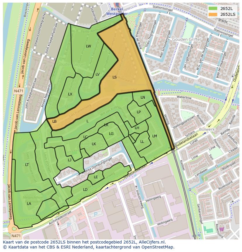 Afbeelding van het postcodegebied 2652 LS op de kaart.