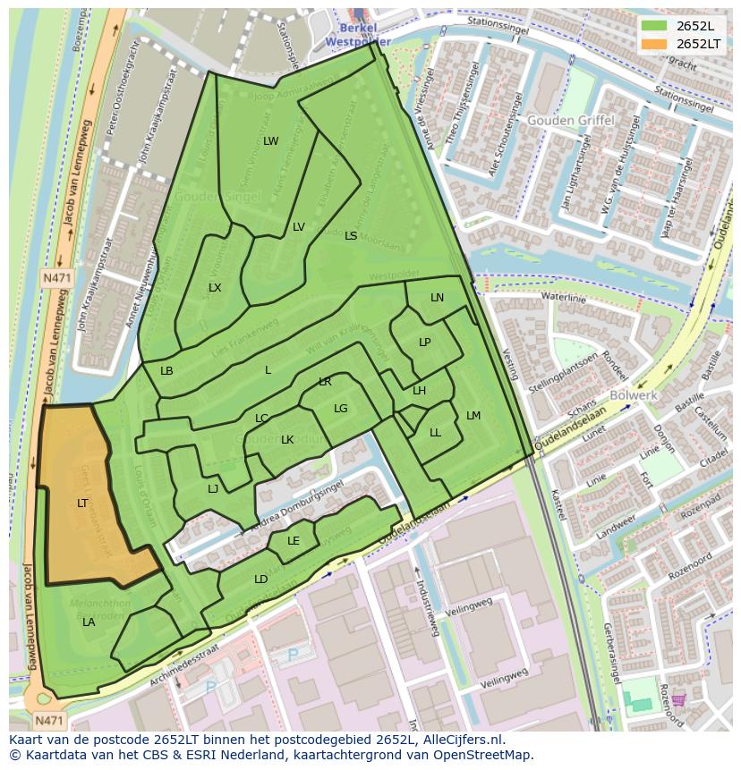 Afbeelding van het postcodegebied 2652 LT op de kaart.