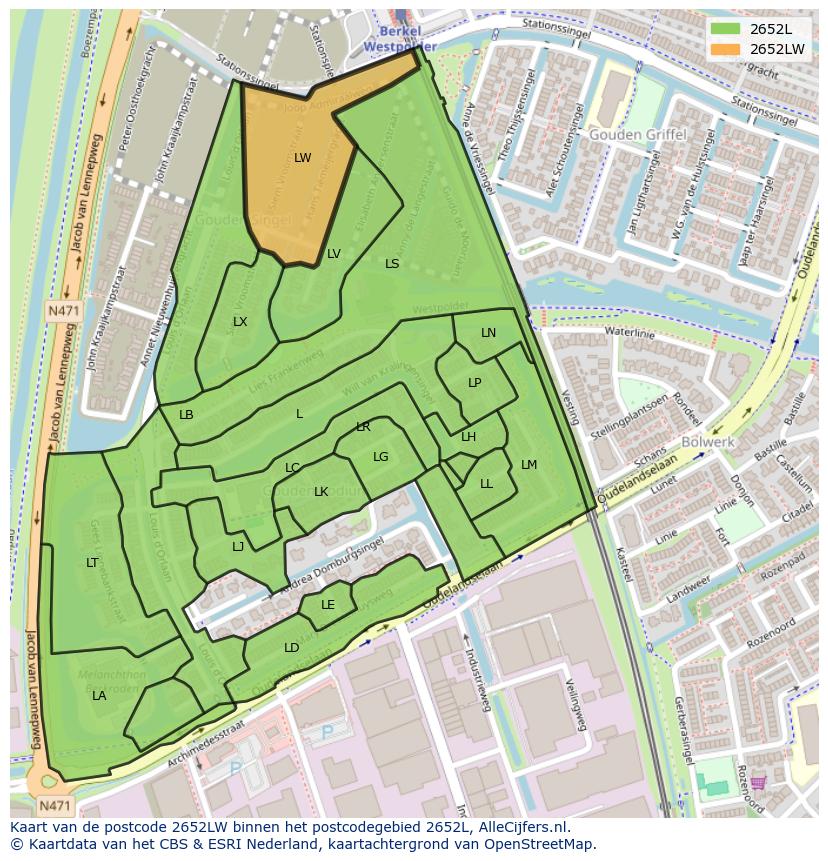 Afbeelding van het postcodegebied 2652 LW op de kaart.