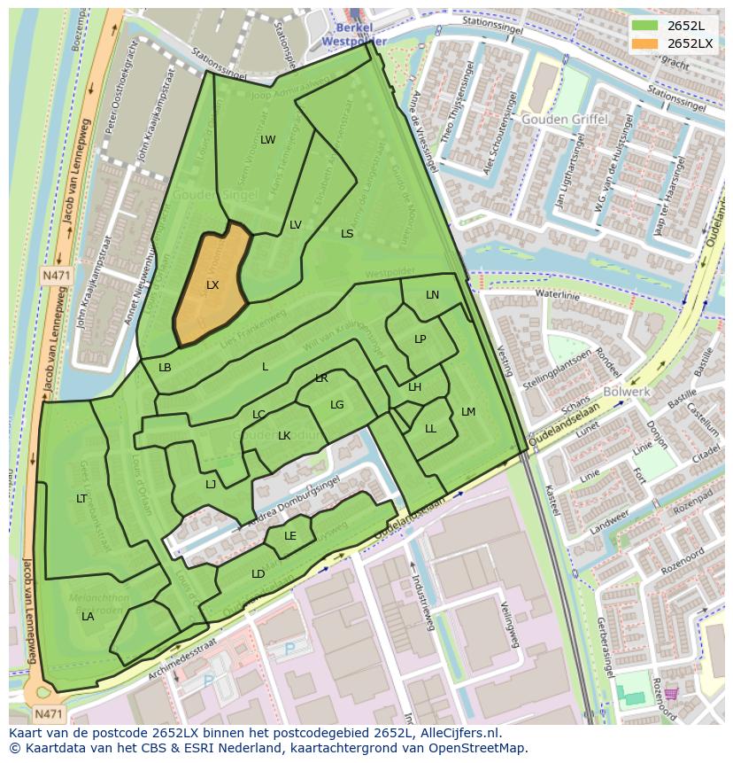 Afbeelding van het postcodegebied 2652 LX op de kaart.