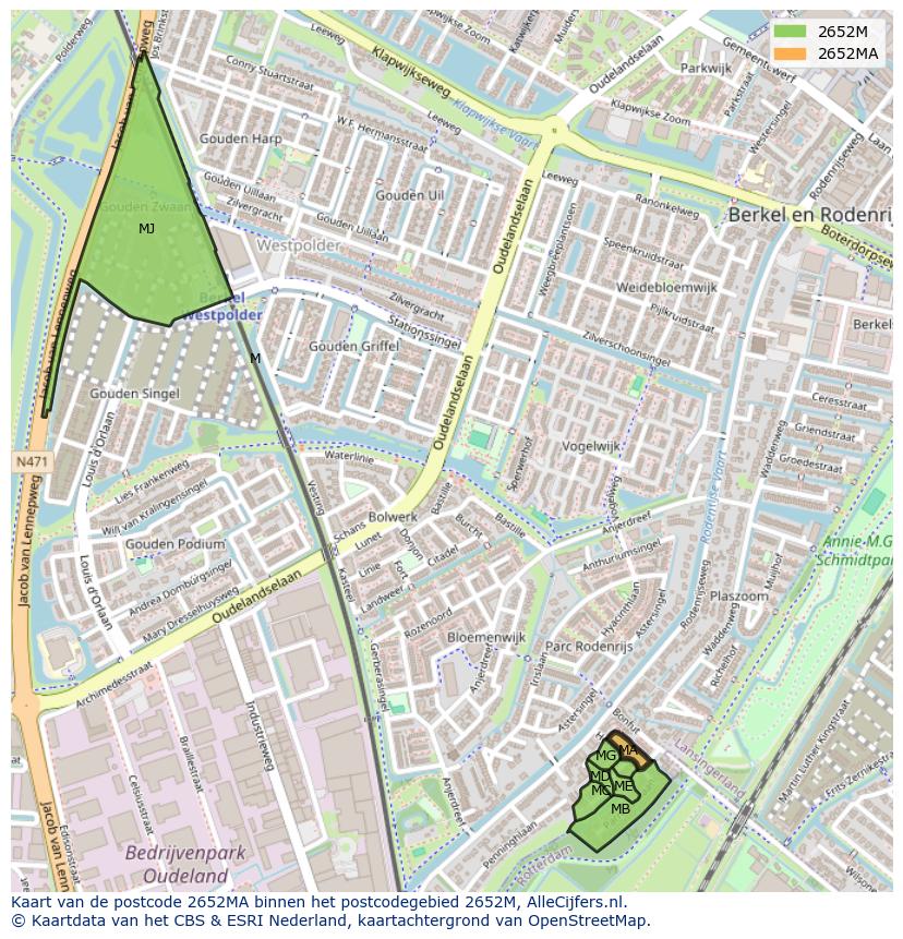 Afbeelding van het postcodegebied 2652 MA op de kaart.