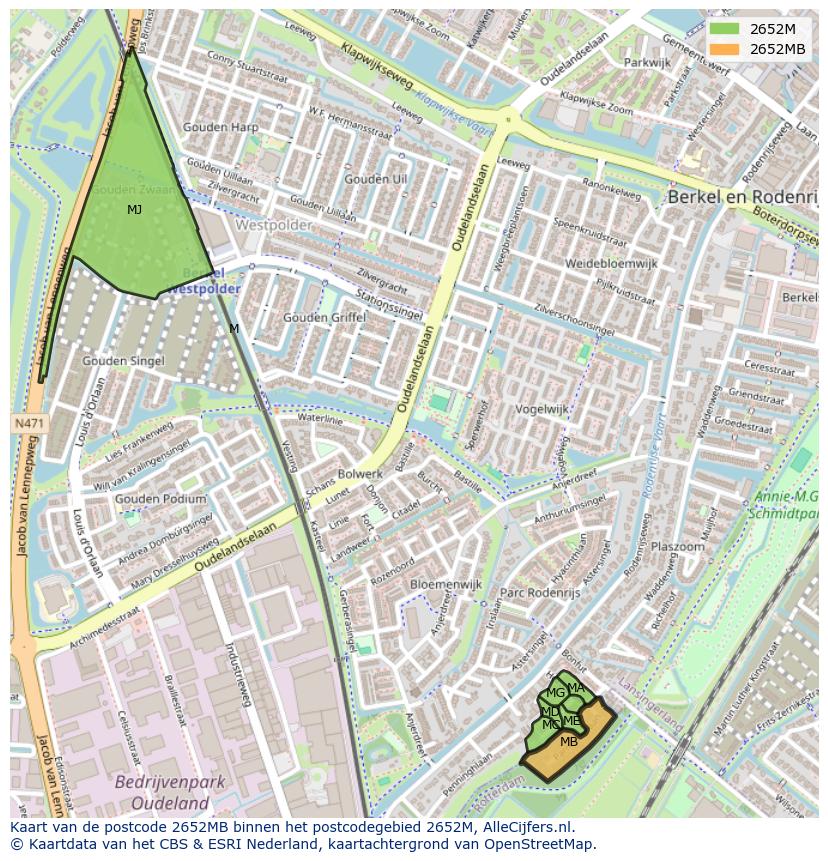 Afbeelding van het postcodegebied 2652 MB op de kaart.