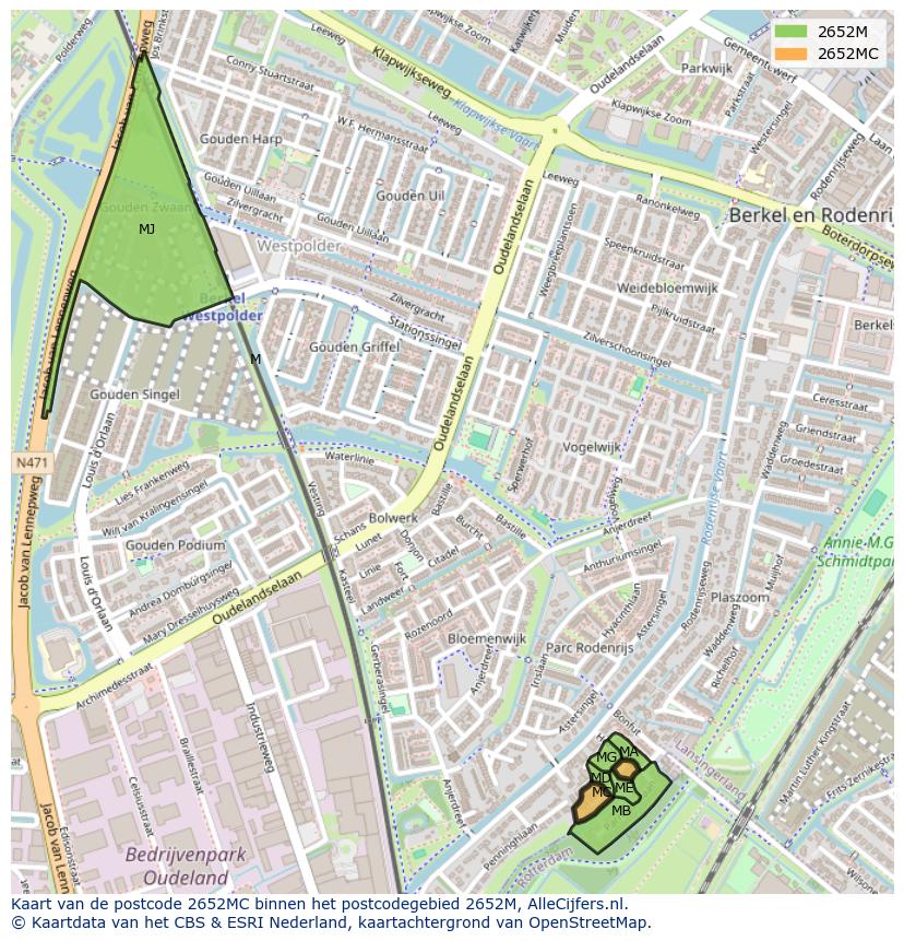 Afbeelding van het postcodegebied 2652 MC op de kaart.