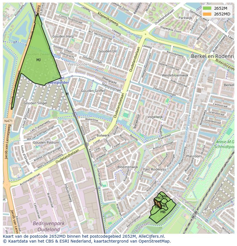 Afbeelding van het postcodegebied 2652 MD op de kaart.