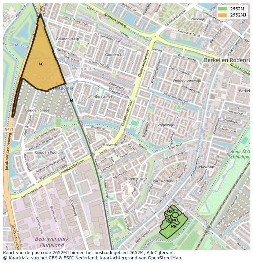 Afbeelding van het postcodegebied 2652 MJ op de kaart.