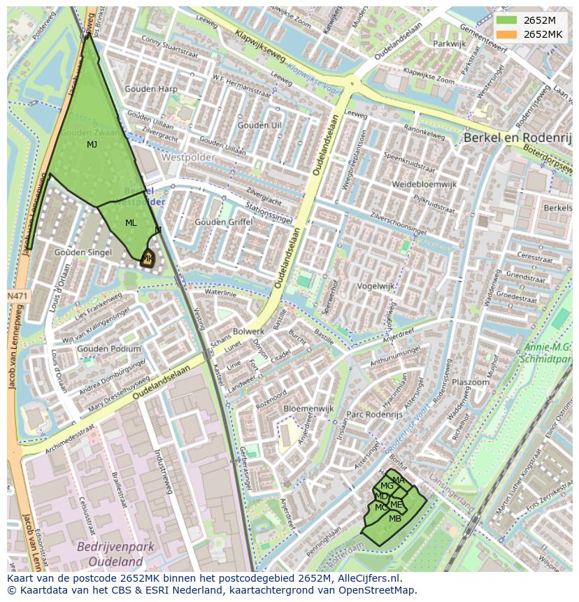 Afbeelding van het postcodegebied 2652 MK op de kaart.