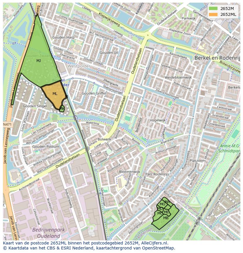 Afbeelding van het postcodegebied 2652 ML op de kaart.
