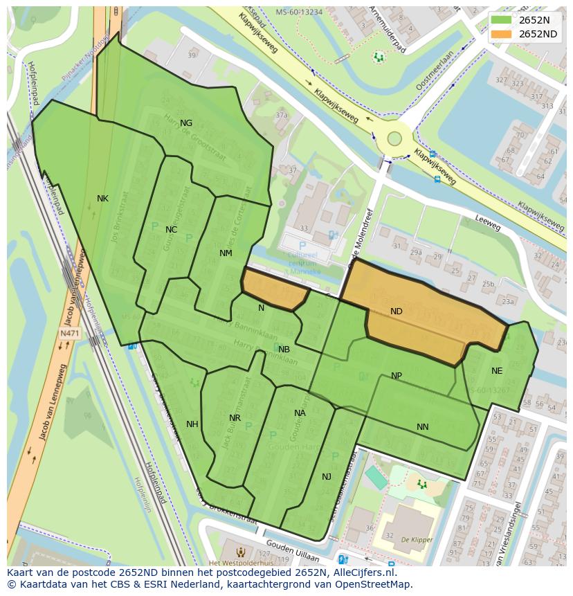 Afbeelding van het postcodegebied 2652 ND op de kaart.