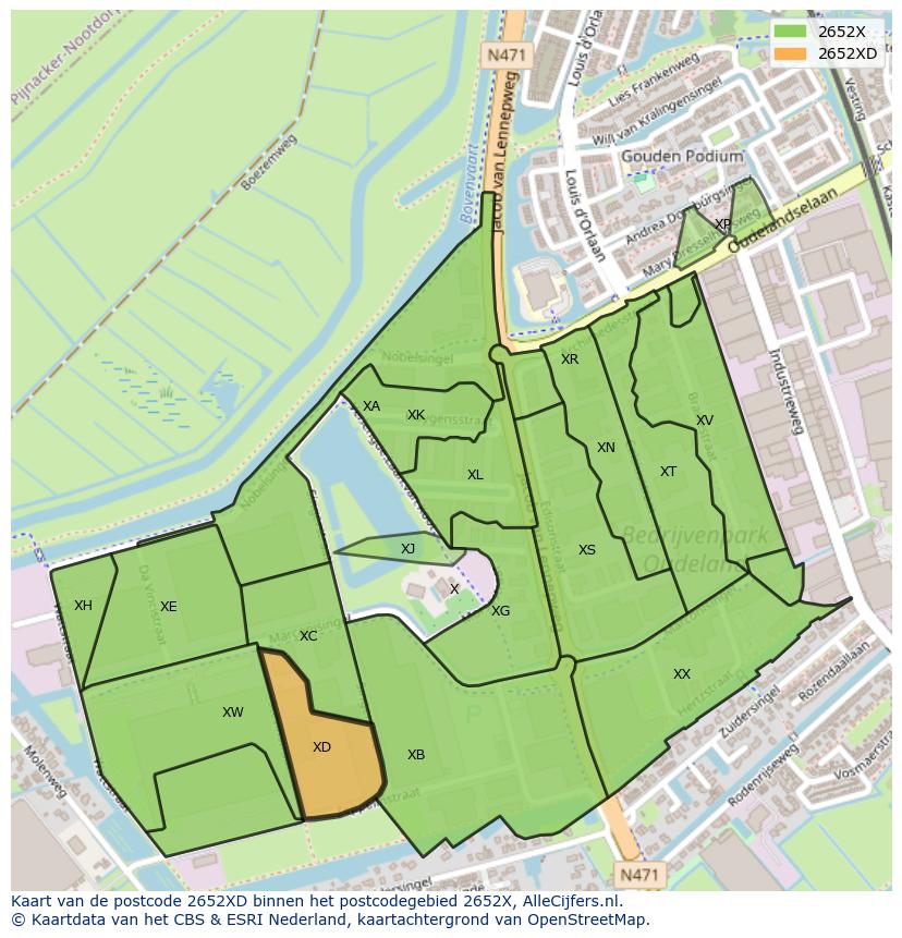 Afbeelding van het postcodegebied 2652 XD op de kaart.