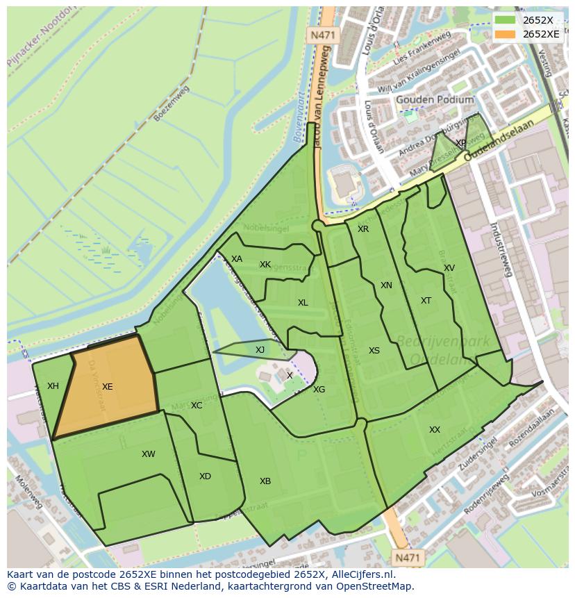 Afbeelding van het postcodegebied 2652 XE op de kaart.