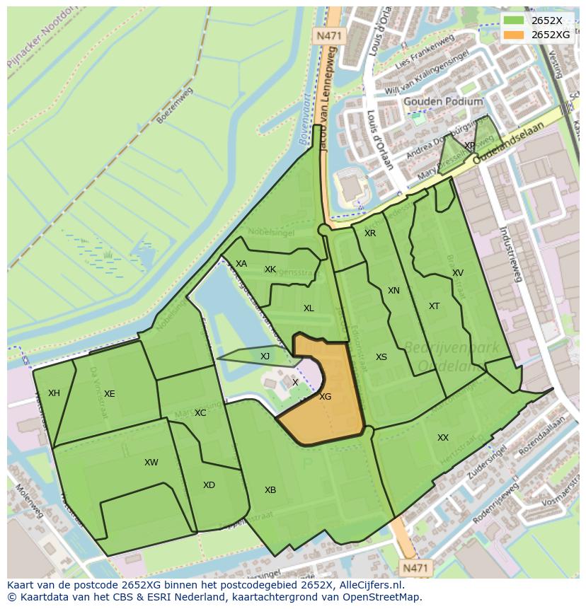 Afbeelding van het postcodegebied 2652 XG op de kaart.