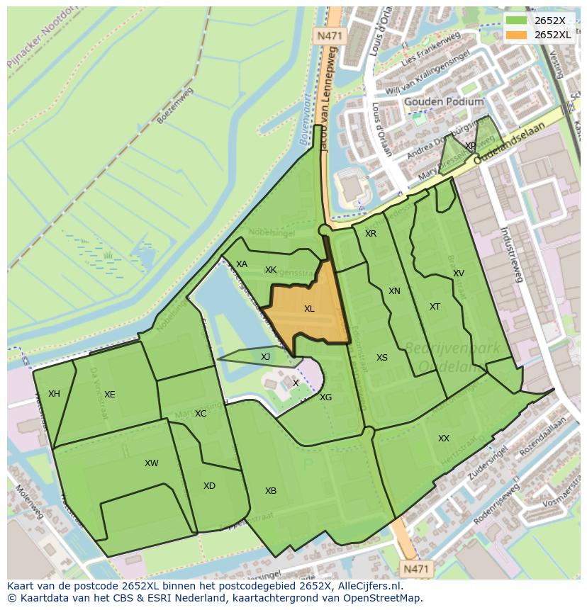 Afbeelding van het postcodegebied 2652 XL op de kaart.