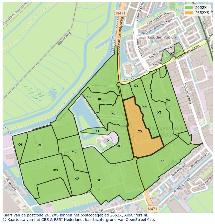 Afbeelding van het postcodegebied 2652 XS op de kaart.