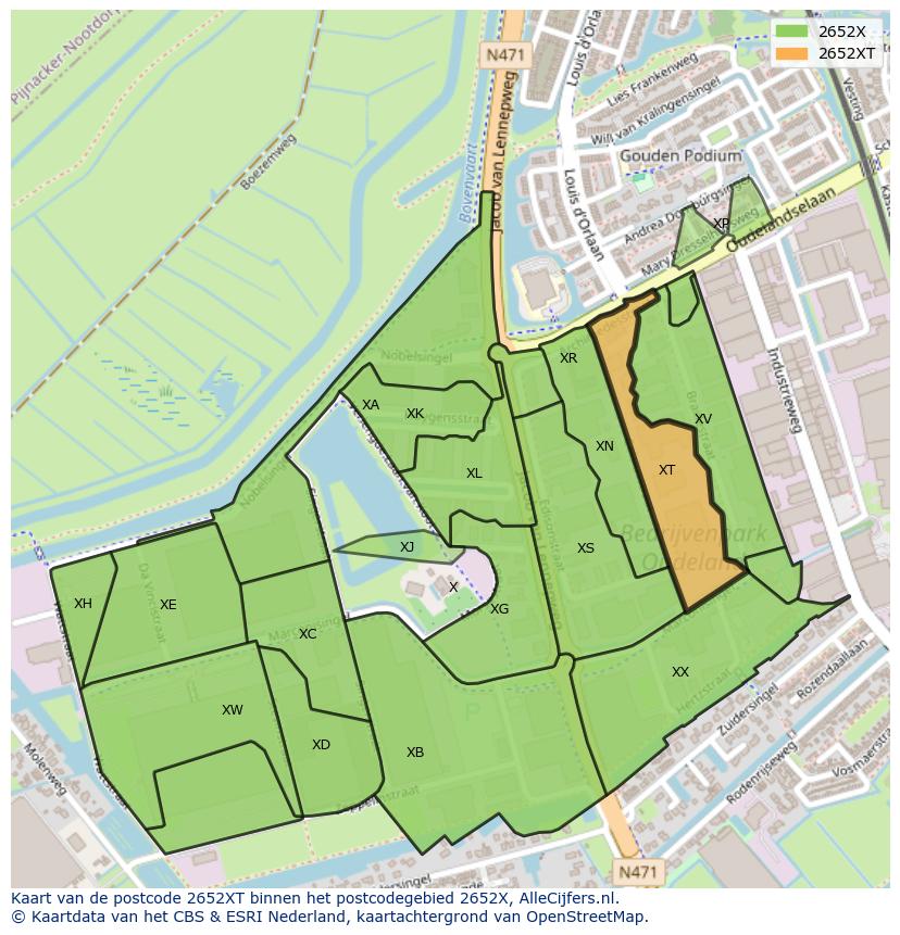 Afbeelding van het postcodegebied 2652 XT op de kaart.