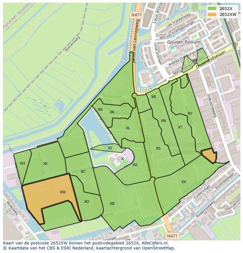 Afbeelding van het postcodegebied 2652 XW op de kaart.