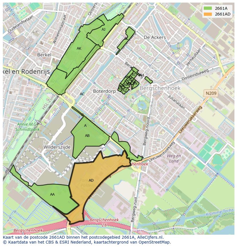 Afbeelding van het postcodegebied 2661 AD op de kaart.