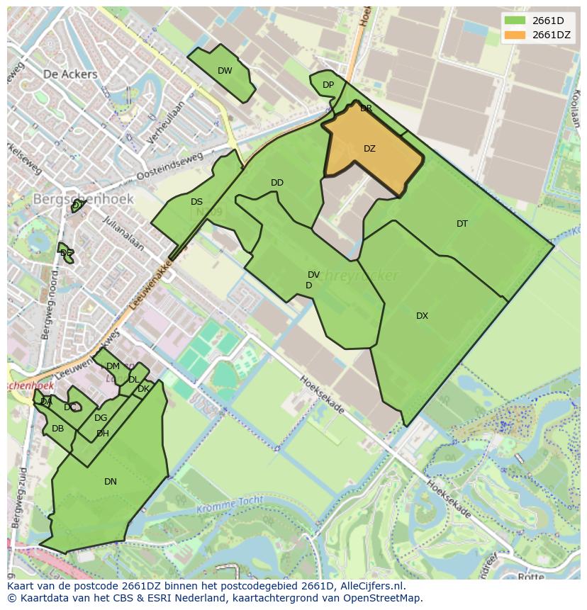 Afbeelding van het postcodegebied 2661 DZ op de kaart.
