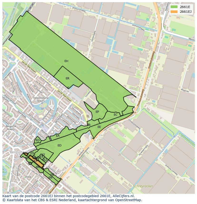 Afbeelding van het postcodegebied 2661 EJ op de kaart.