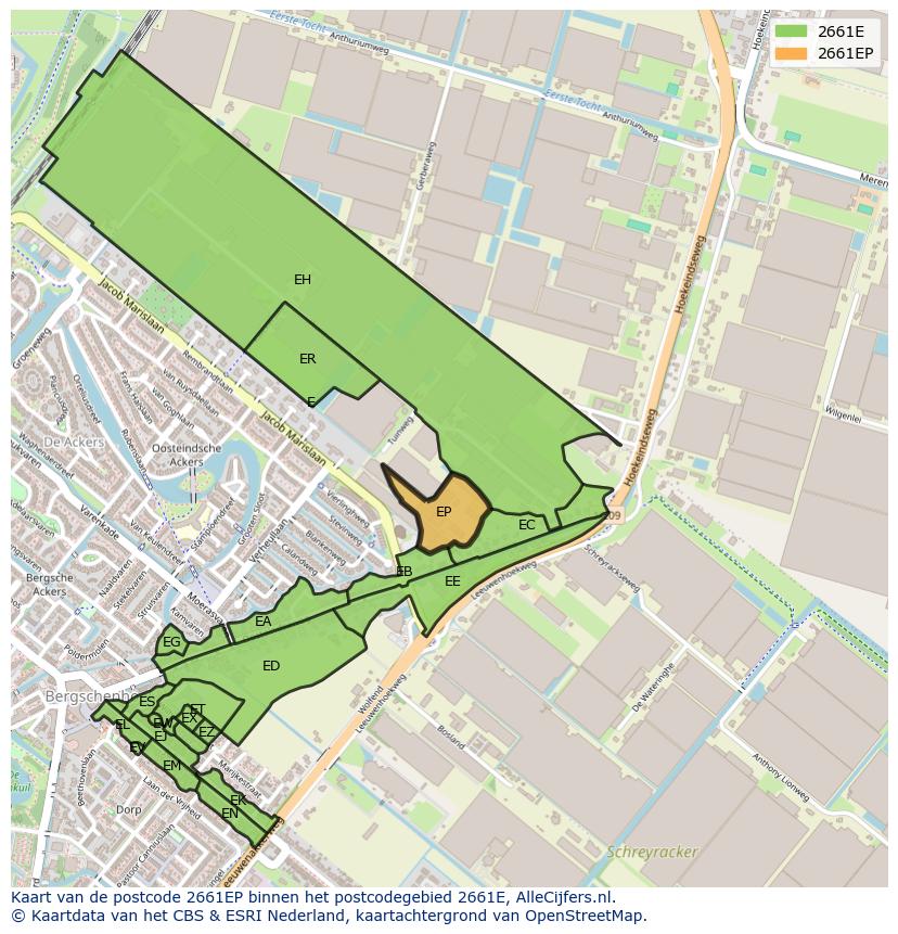 Afbeelding van het postcodegebied 2661 EP op de kaart.