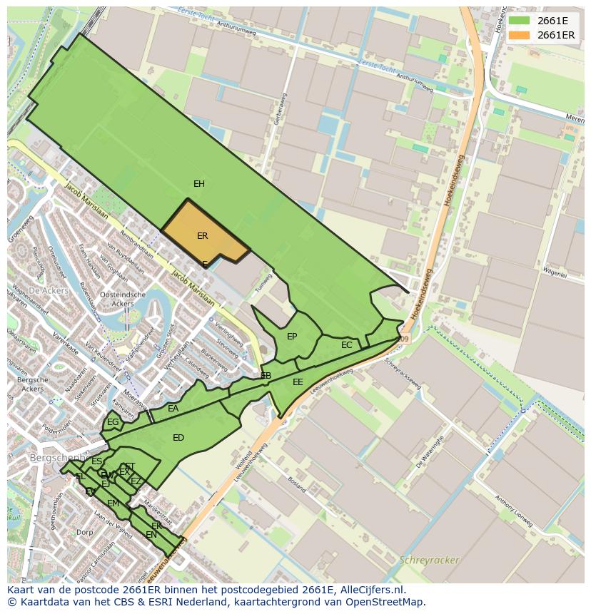 Afbeelding van het postcodegebied 2661 ER op de kaart.
