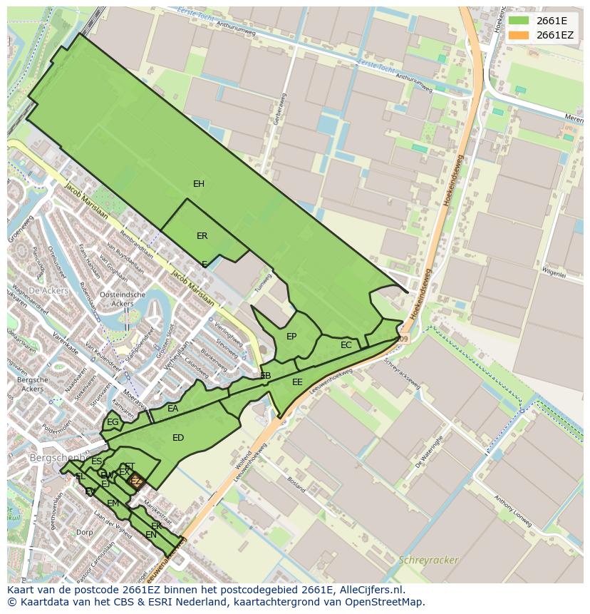 Afbeelding van het postcodegebied 2661 EZ op de kaart.
