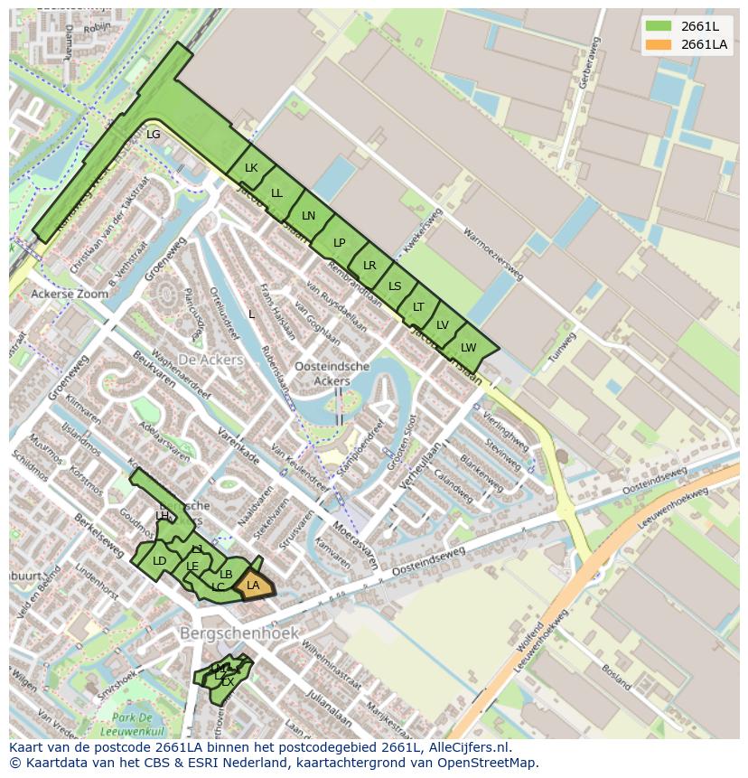 Afbeelding van het postcodegebied 2661 LA op de kaart.