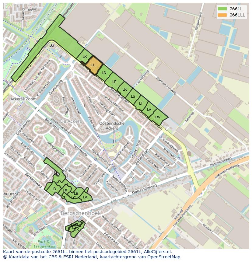 Afbeelding van het postcodegebied 2661 LL op de kaart.