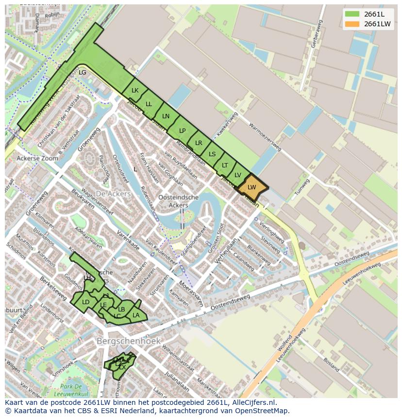 Afbeelding van het postcodegebied 2661 LW op de kaart.