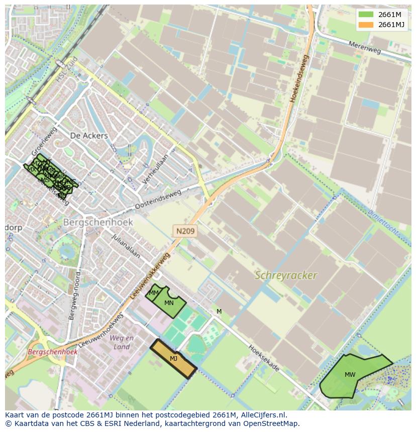 Afbeelding van het postcodegebied 2661 MJ op de kaart.