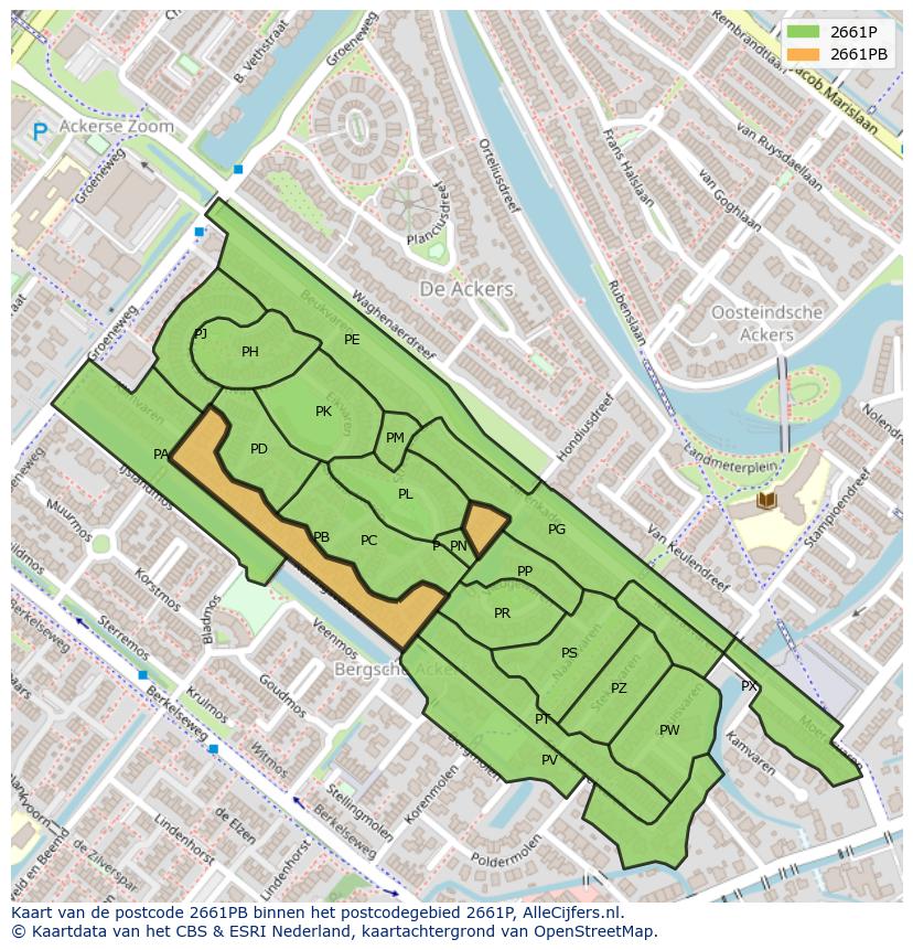 Afbeelding van het postcodegebied 2661 PB op de kaart.