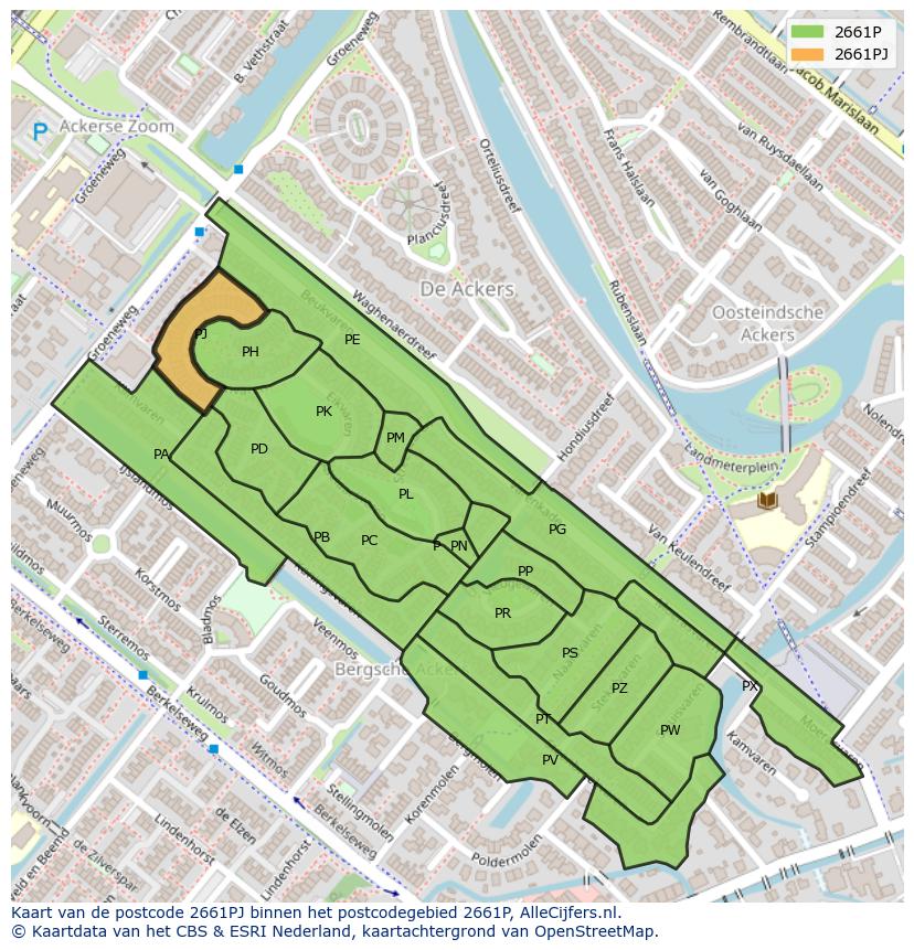Afbeelding van het postcodegebied 2661 PJ op de kaart.