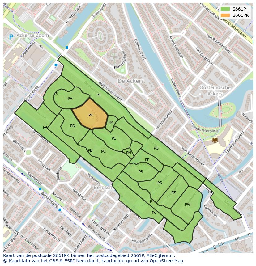 Afbeelding van het postcodegebied 2661 PK op de kaart.